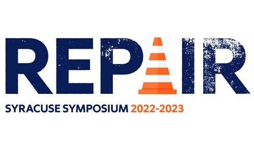 Syracuse Symposium 2022-2023 "REPAIR" text with orange traffic cone embellishment