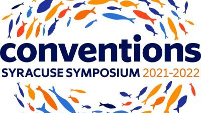 illustrated fish in blues and oranges encircle the word "Conventions" for Syracuse Symposium 2021-22