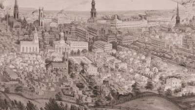 A bird's-eye view of Syracuse, NY (c. 1850), engraved by Lewis Bradley, lithographed by D. W. Moody and published by the Smith Brothers of New York. (Courtesy of the Special Collections Research Center.)