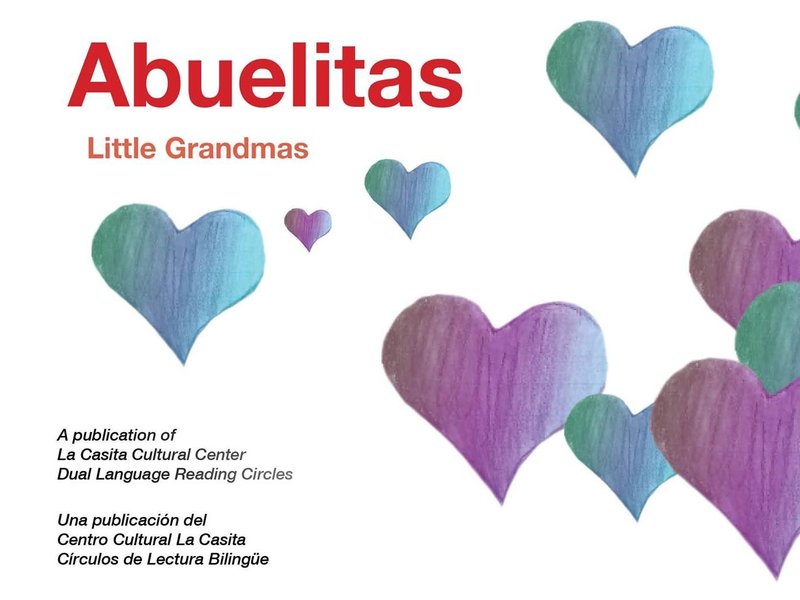 colorful pencil-sketched hearts surround the word "Abuelitas"