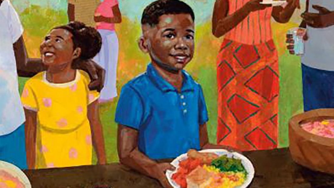 London Ladd's illustration of several family members standing beside a food table