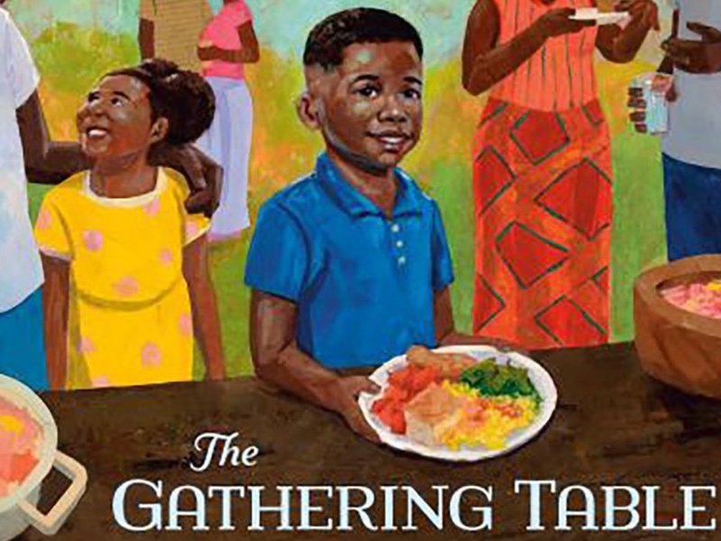 London Ladd's illustration of several family members standing beside a food table