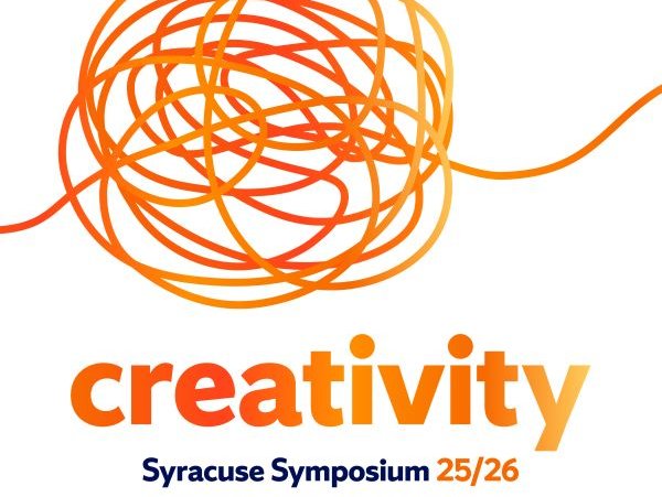 orange scribble design over the word "creativity" branding the Humanities Center's Syracuse Symposium