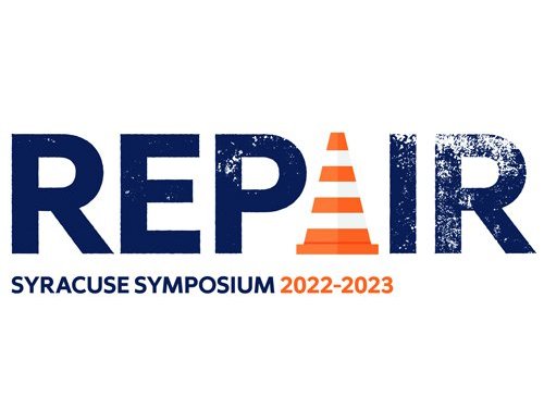 Syracuse Symposium 2022-2023 "REPAIR" text with orange traffic cone embellishment