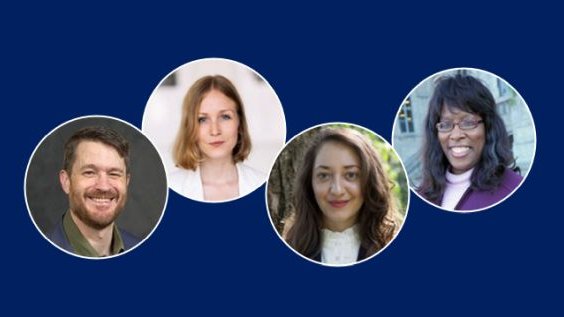 headshots of four HC faculty fellows float over deep blue background