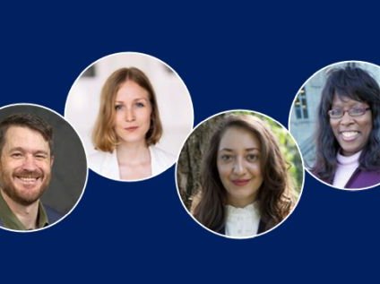 headshots of four HC faculty fellows float over deep blue background