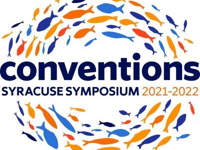 illustrated fish in blues and oranges encircle the word "Conventions" for Syracuse Symposium 2021-22