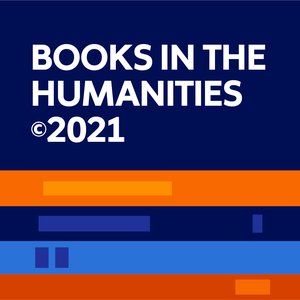 illustrated design for Books in the Humanities copyright 2021 featuring stacked orange and blue book bindings