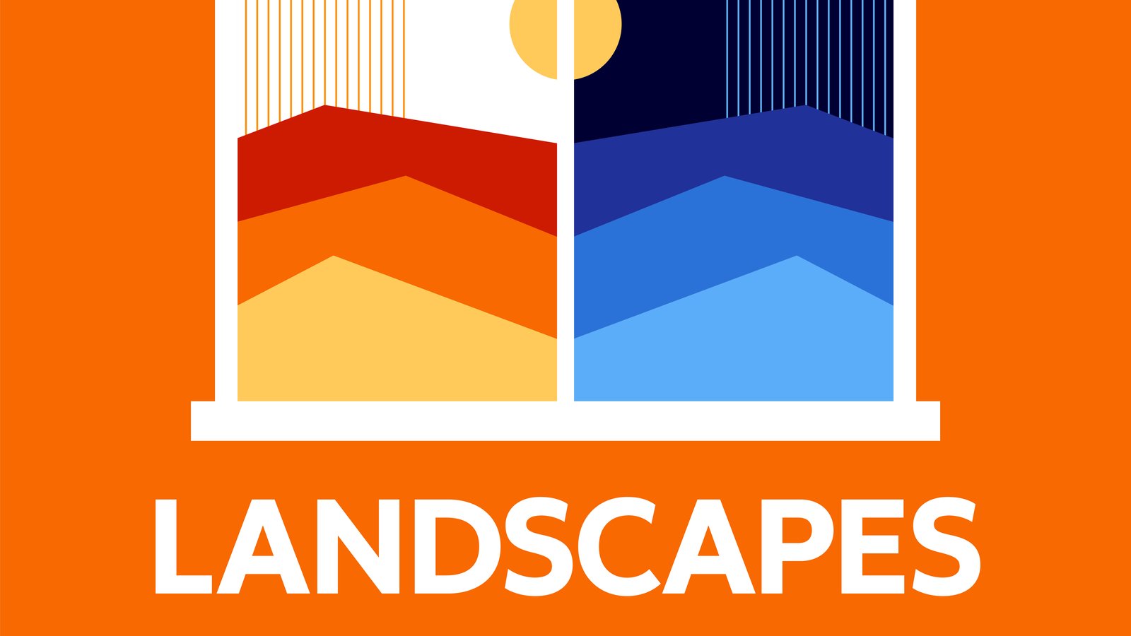 Landscapes illustration shows a half orange / half blue wavy horizon as viewed out a split window pane